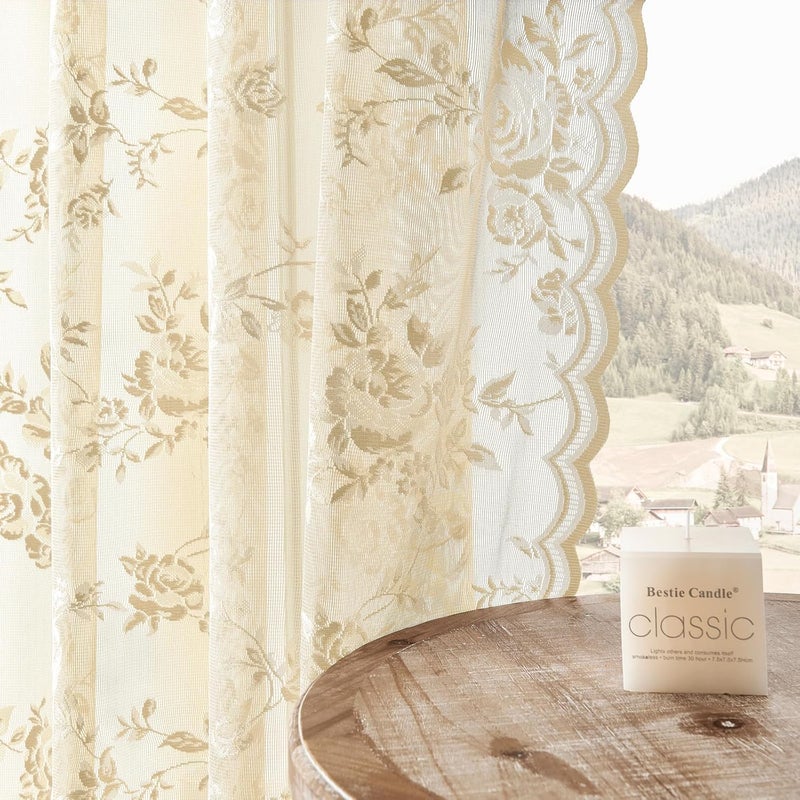SEEKRIGHT Beige Kitchen Curtains 30 Inch Length Rod Pocket Light Filtering Sheer Lace Cafe Curtains 2 Panels Set Modern Floral Lace Curtain for Small Window RV Basement Laundry Camper, 26x30 - Image 4